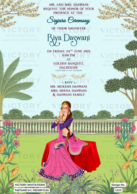 Sinjara ceremony invitation card in english language with traditional girl doodle, flowers as garden theme design 1315