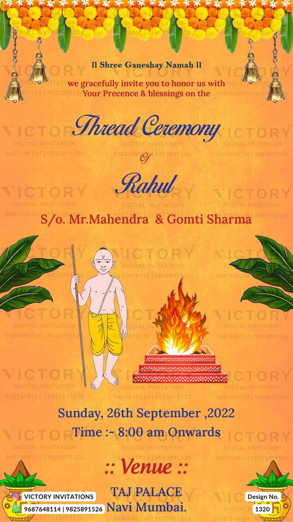 Thread ceremony invitation card in english language with yagnopaveet doodle, marigold garland as traditional theme design 1320