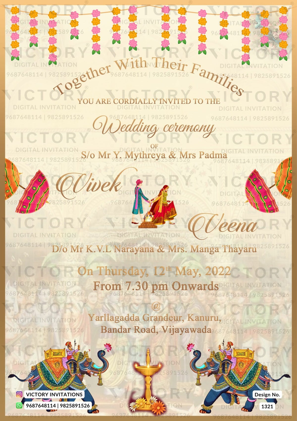 Wedding ceremony invitation card of hindu south indian telugu family in english language with minimalistic theme design 1321