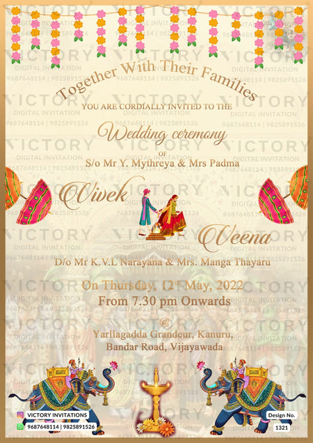 Wedding ceremony invitation card of hindu south indian telugu family in english language with minimalistic theme design 1321