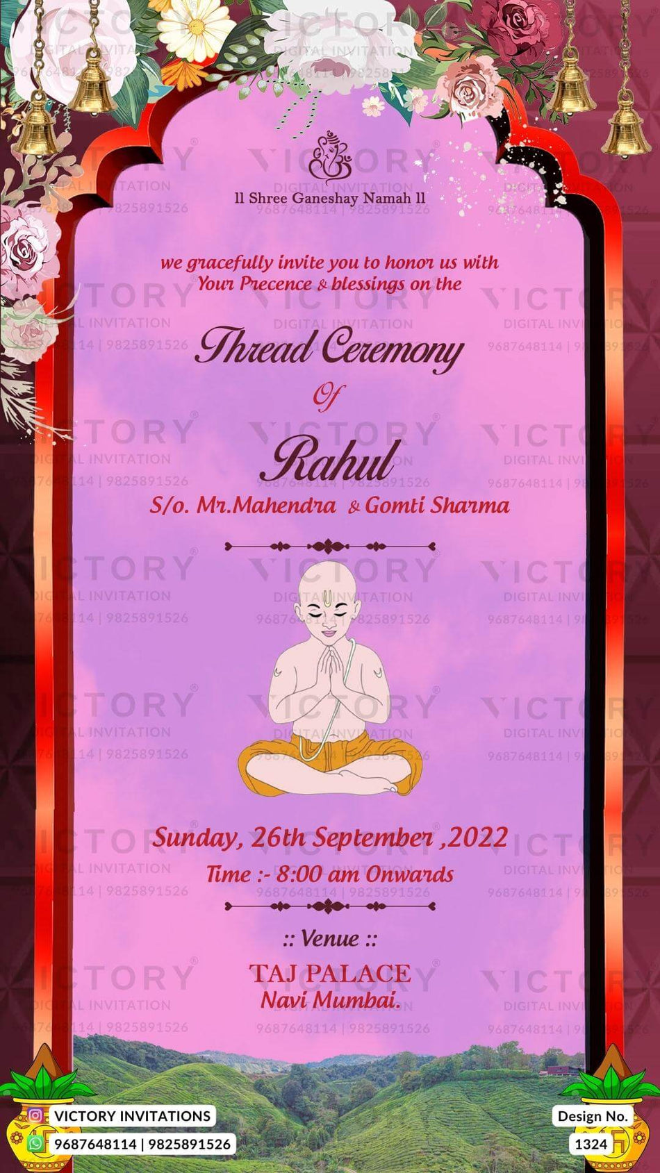Thread ceremony invitation card in english language with yagnopaveet doodle, flowers as arch theme design 1324