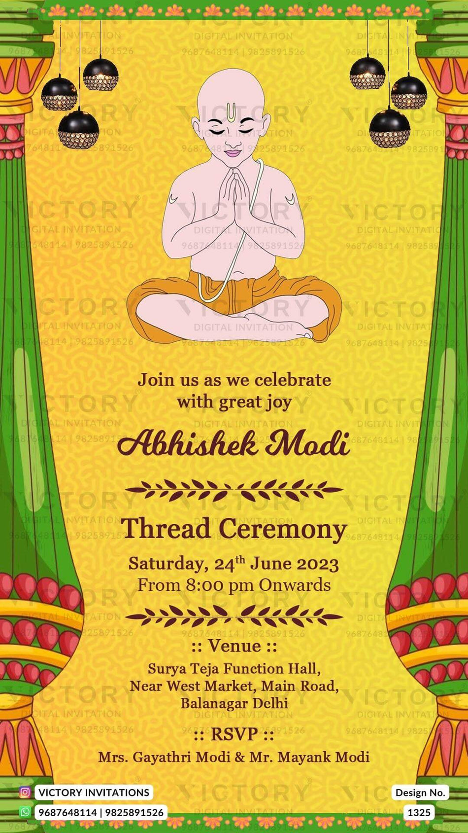 Thread ceremony invitation card in english language with yagnopaveet doodle as traditional theme design 1325