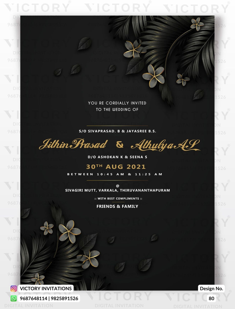 Wedding ceremony invitation card of hindu south indian malayali family in english language with Artistic leaves theme design 80
