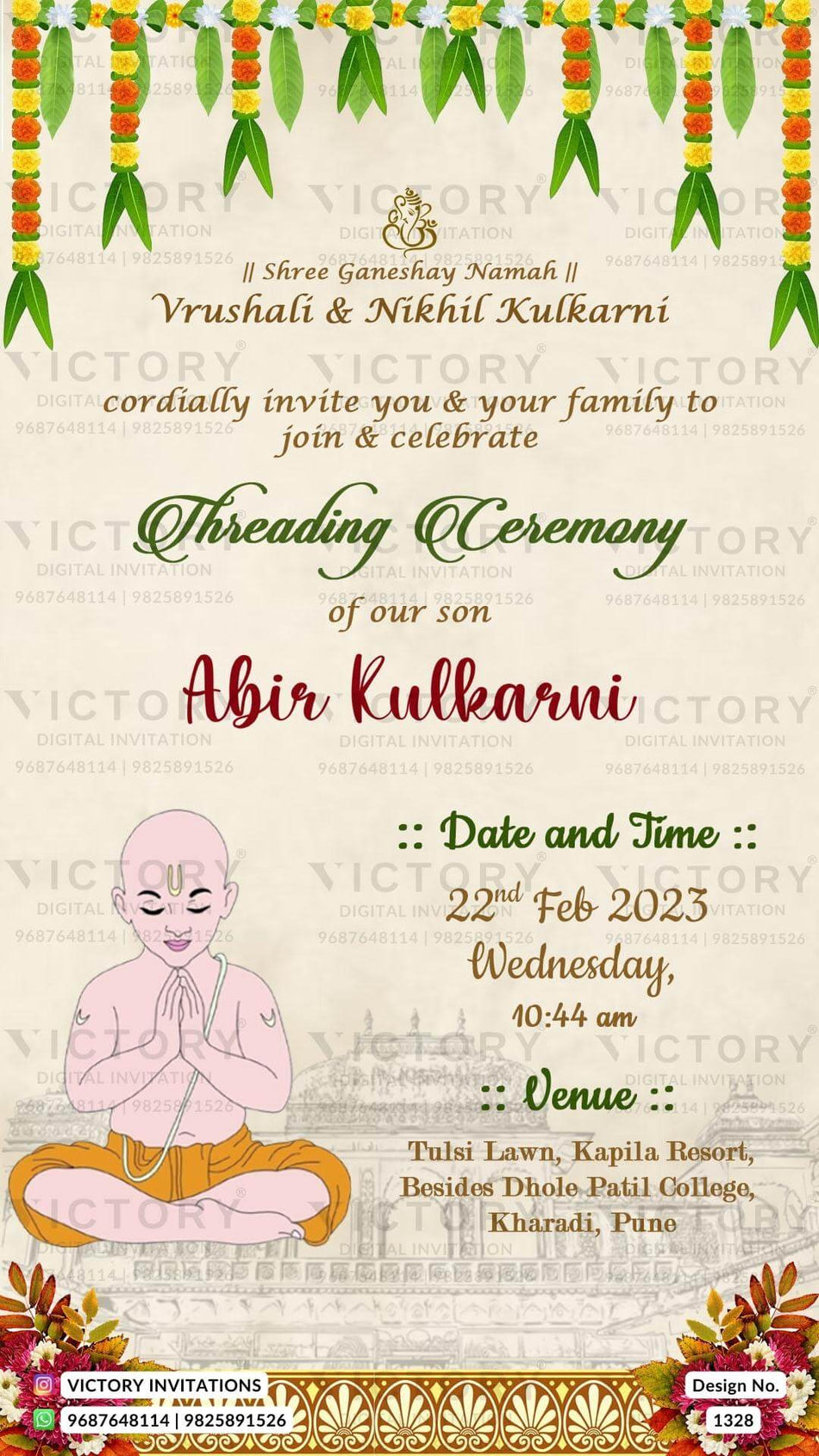 Thread ceremony invitation card in english language with yagnopaveet doodle as traditional theme design 1328