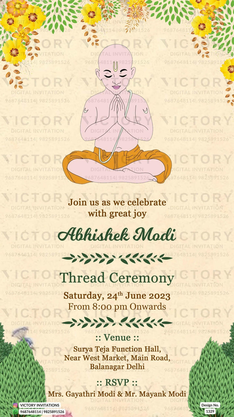 Thread ceremony invitation card in english language with yagnopaveet doodle, flowers as floral theme design 1329