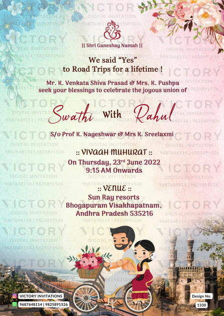 Wedding ceremony invitation card of hindu south indian telugu family in english language with two state romantic theme design 1330