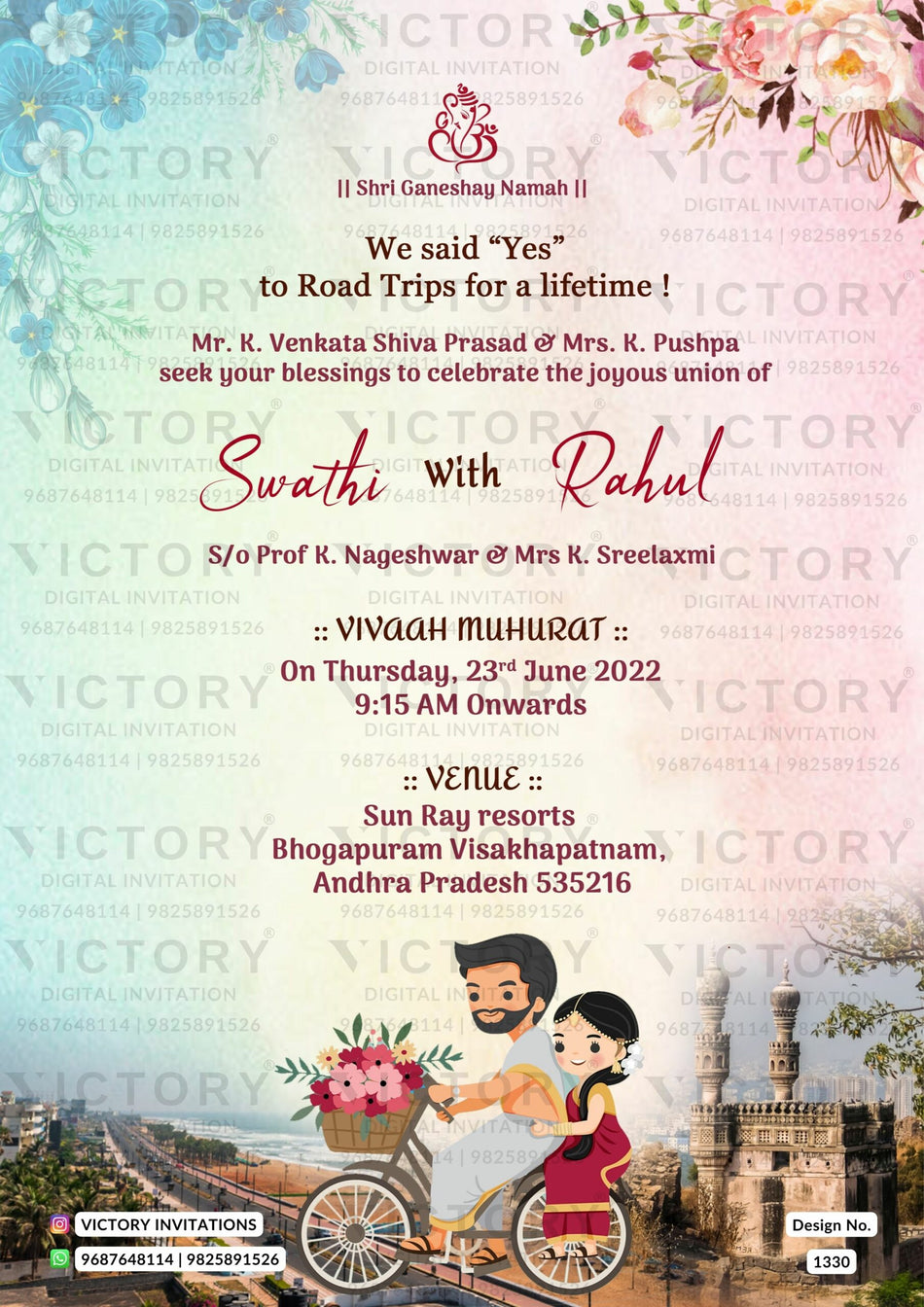 Wedding ceremony invitation card of hindu south indian telugu family in english language with two state romantic theme design 1330