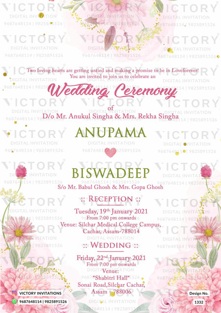 Wedding ceremony invitation card of hindu Assamese family in english language with floral theme design 1332
