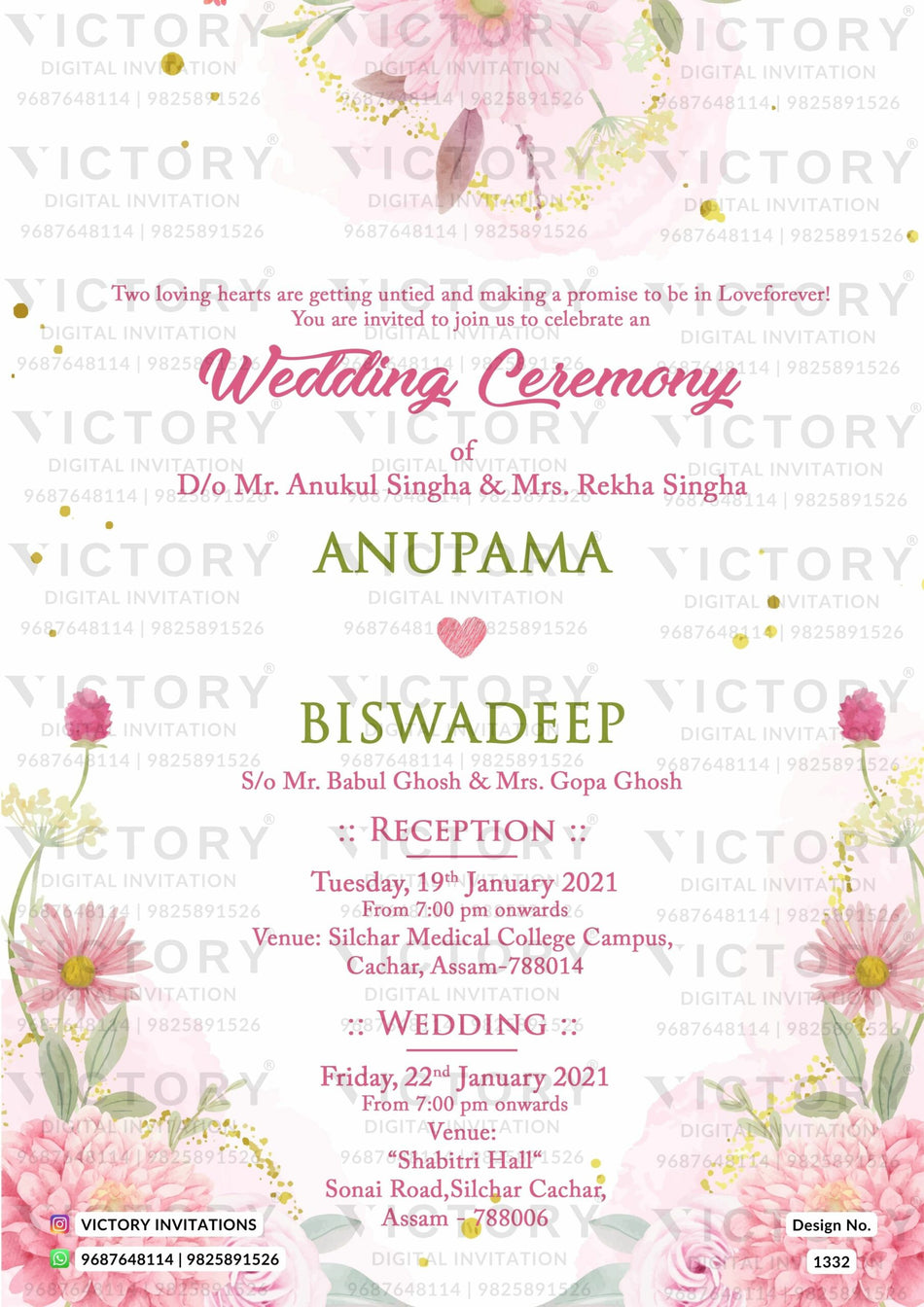 Wedding ceremony invitation card of hindu Assamese family in english language with floral theme design 1332