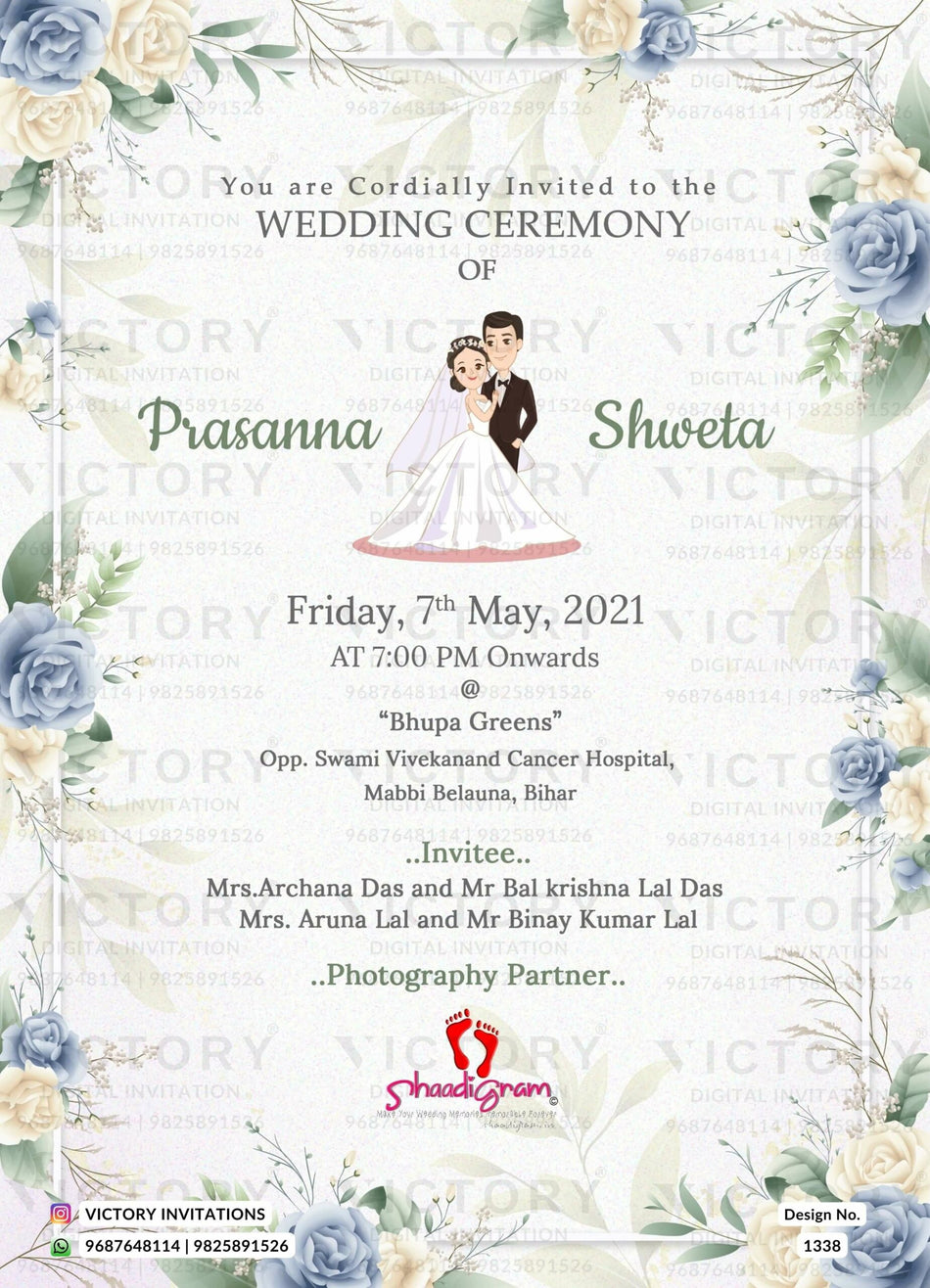 Wedding ceremony invitation card of hindu Bihari family in english language with floral theme design 1338