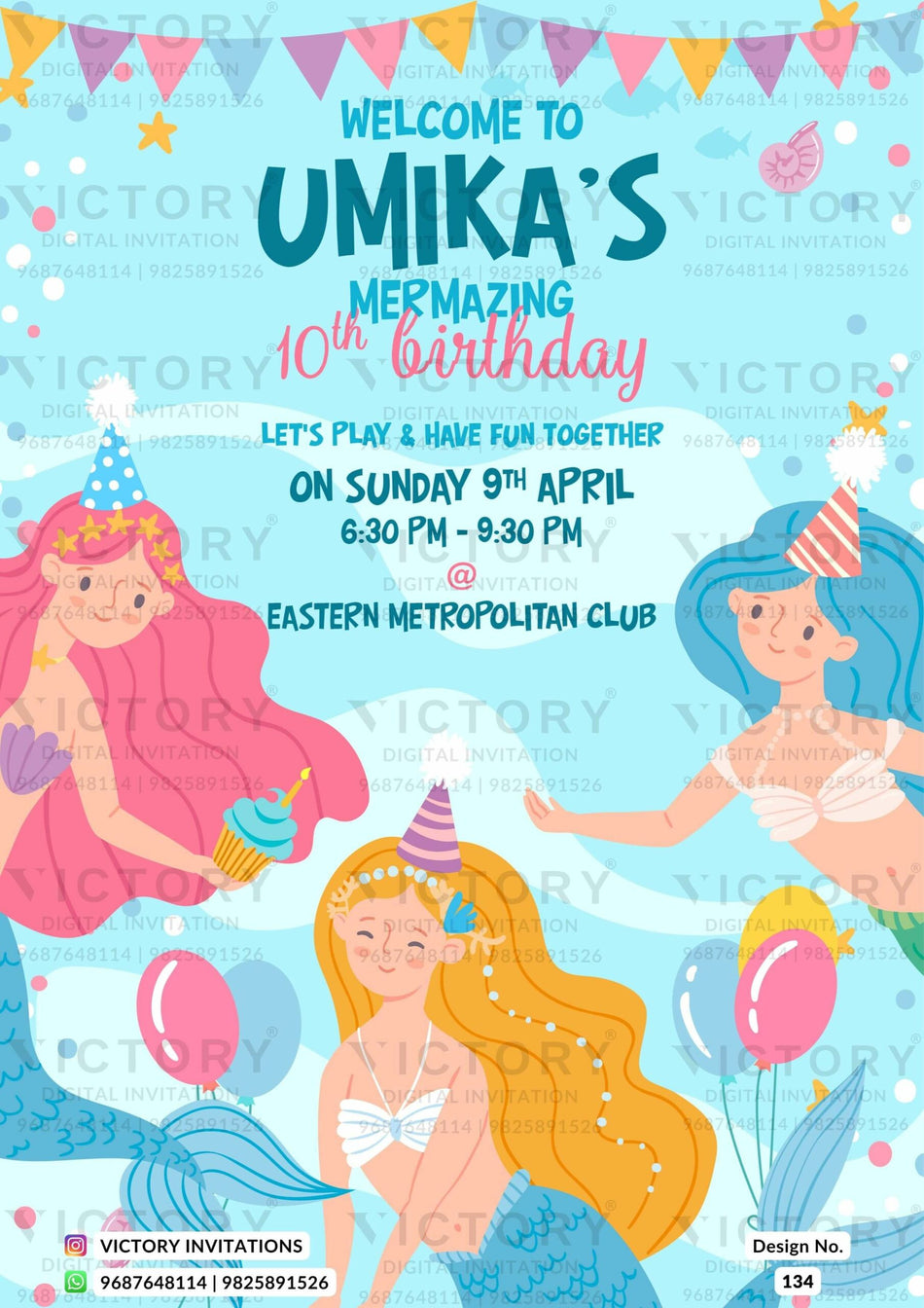 Birthday party invitation card in English language with Under the Sea theme design 134