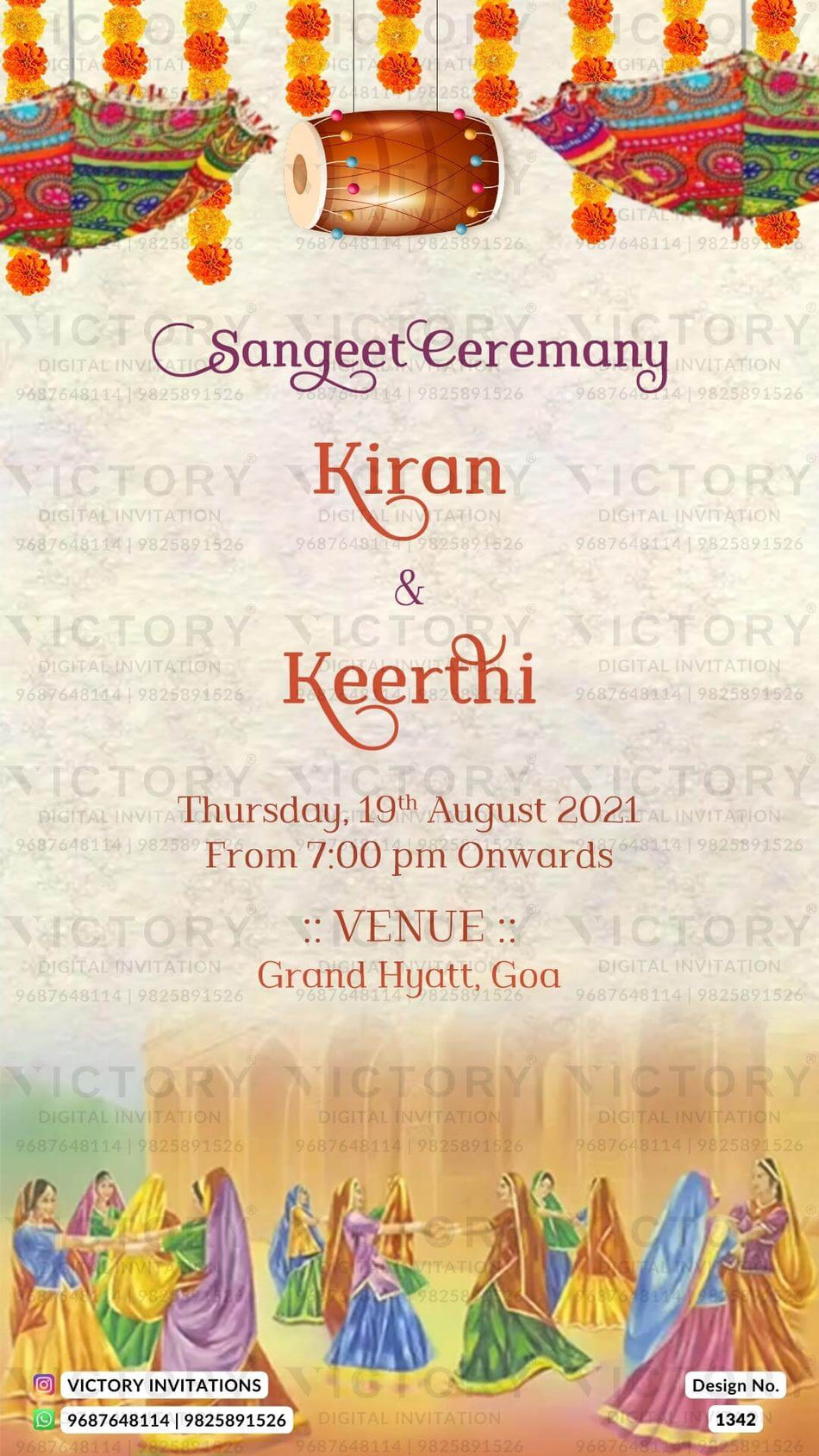 Sangeet Sandhya Ceremony invitation card in english language with drums, garland as vintage theme design 1342