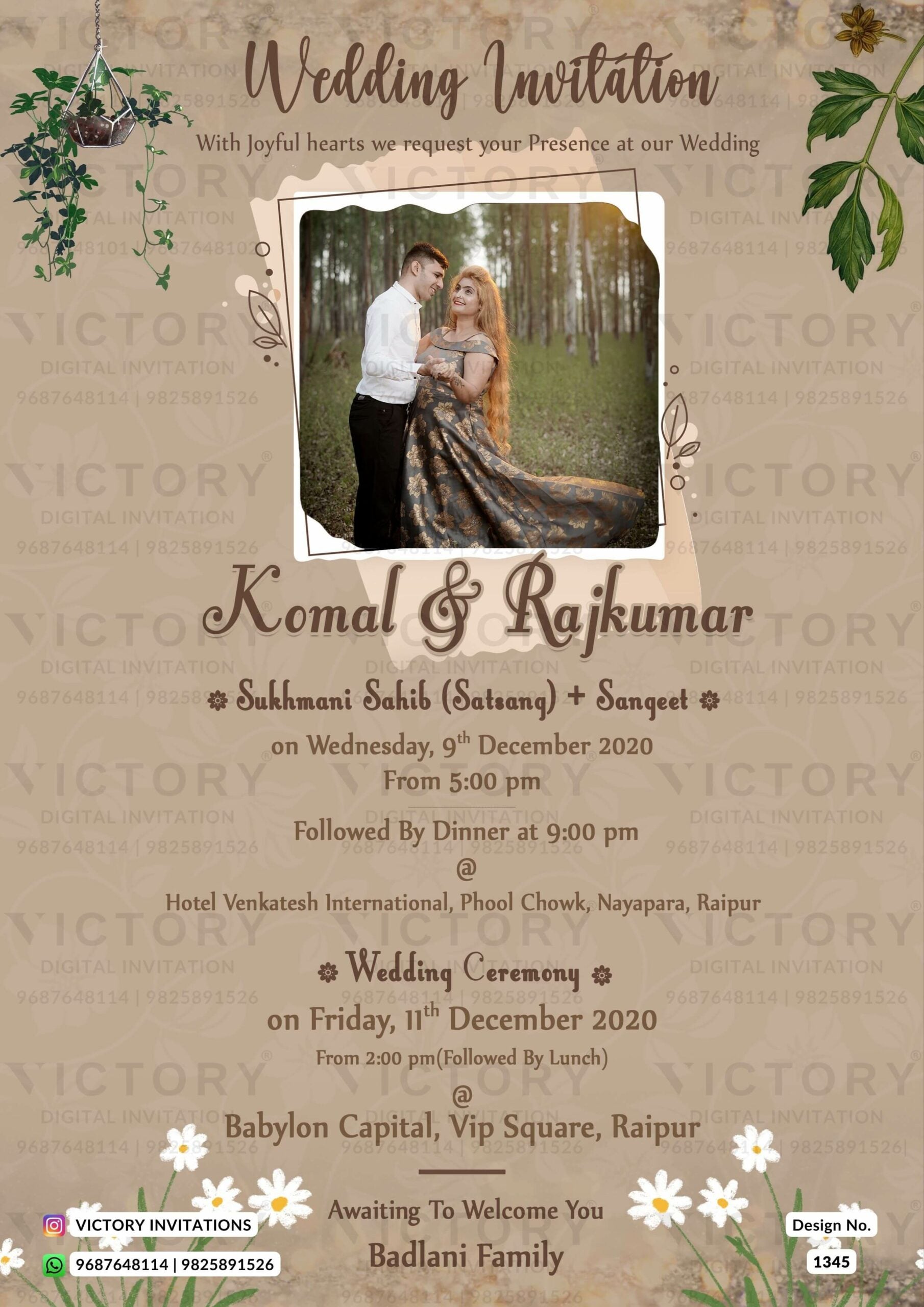 Wedding ceremony invitation card of hindu Maharashtrian family in english language with vintage theme design 1345