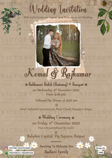 Wedding ceremony invitation card of hindu Maharashtrian family in english language with vintage theme design 1345