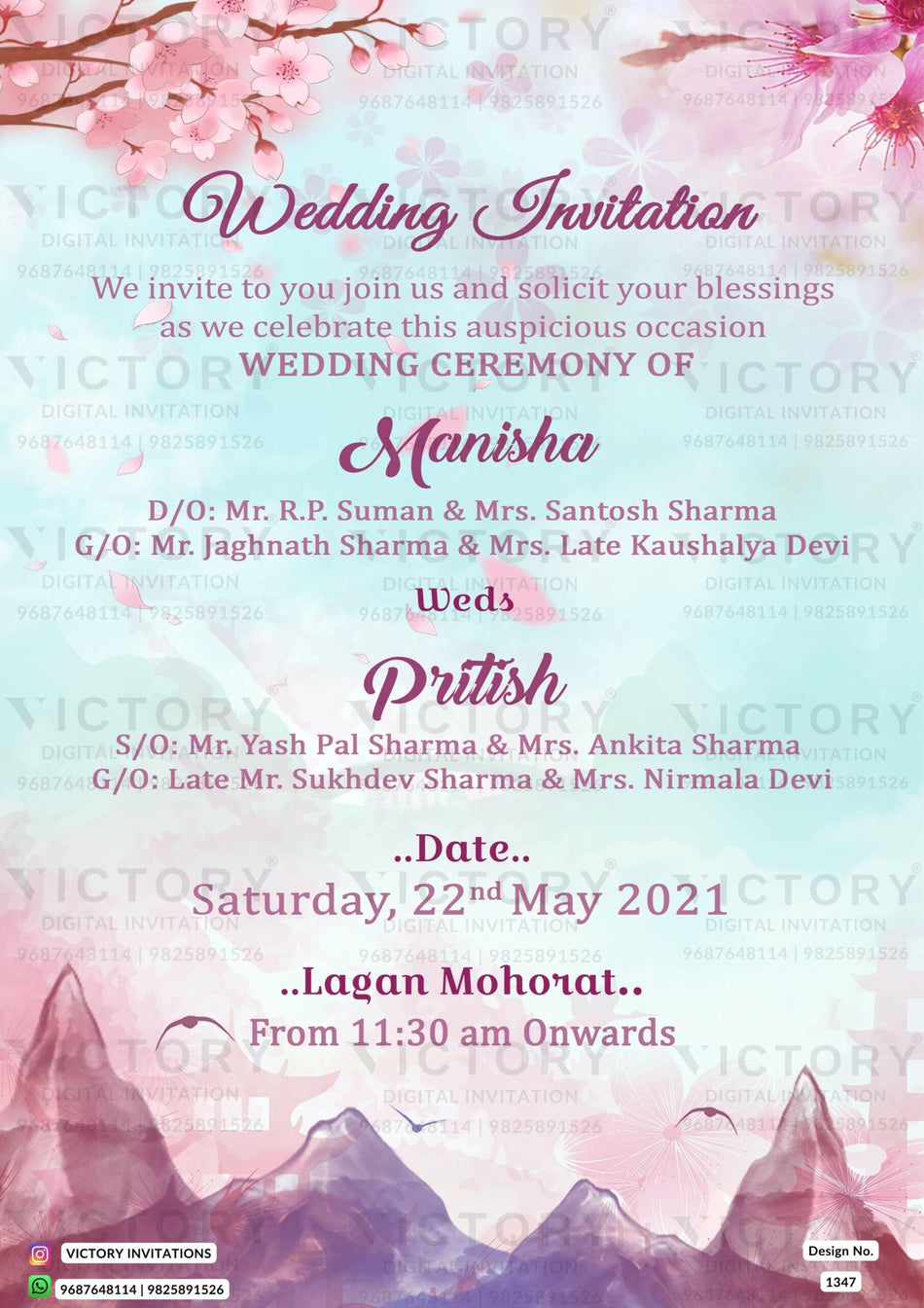 Wedding ceremony invitation card of hindu modern family in english language with japanese mountain theme design 1347