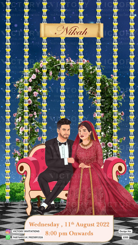 Nikah ceremony invitation card of Muslim family in english language with artistic leaves theme design 1355