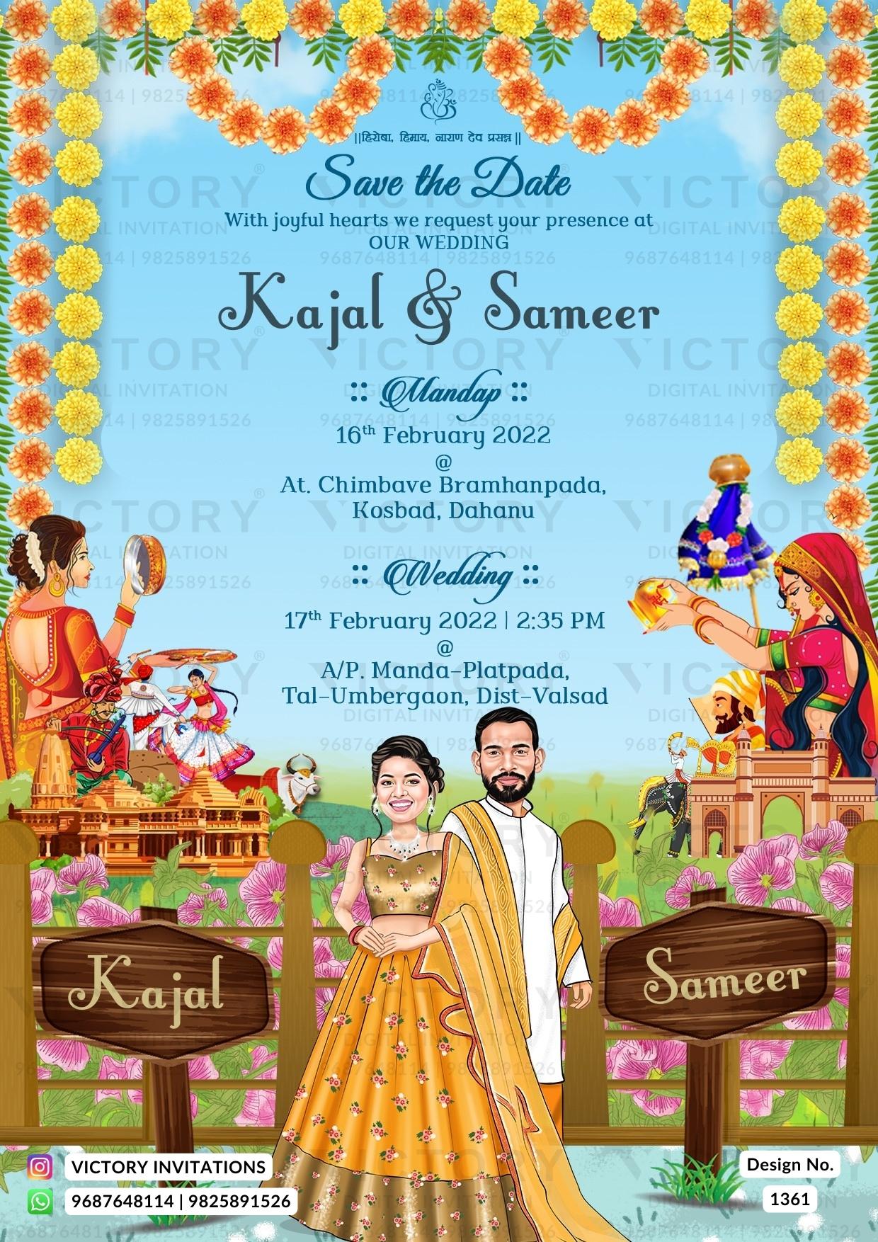 Traditional couple caricature invitation card for wedding ceremony of gujarati patel family in english language with garden theme design 1361