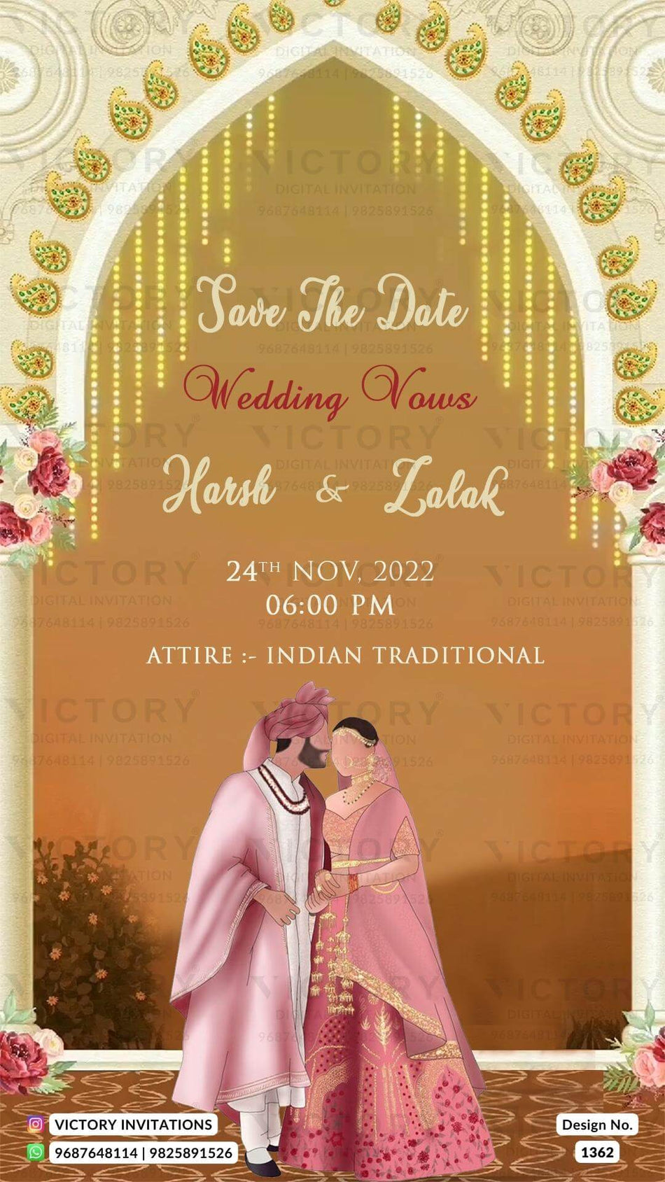 Wedding ceremony invitation card of hindu modern family in english language with traditional theme design 1362