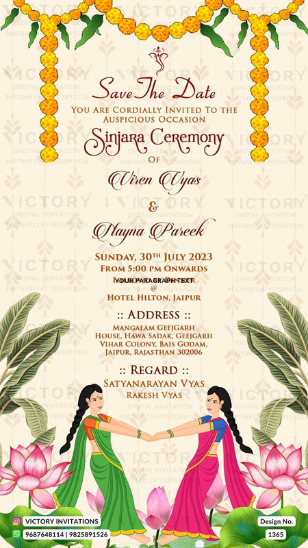 Sinjara ceremony invitation card in english language with lotus, girls doodle as floral theme design 1365