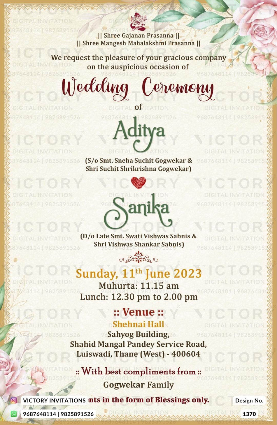 The minimalistic Theme of the Hindu Maharashtrian digital invitation card for a wedding ceremony is in cream background color. This e-invite card is perfectly suitable for the Marathi family and it's available in the English language. It includes elements such as a heart, pink flowers, the Ganesha logo, brown leaves, golden border.