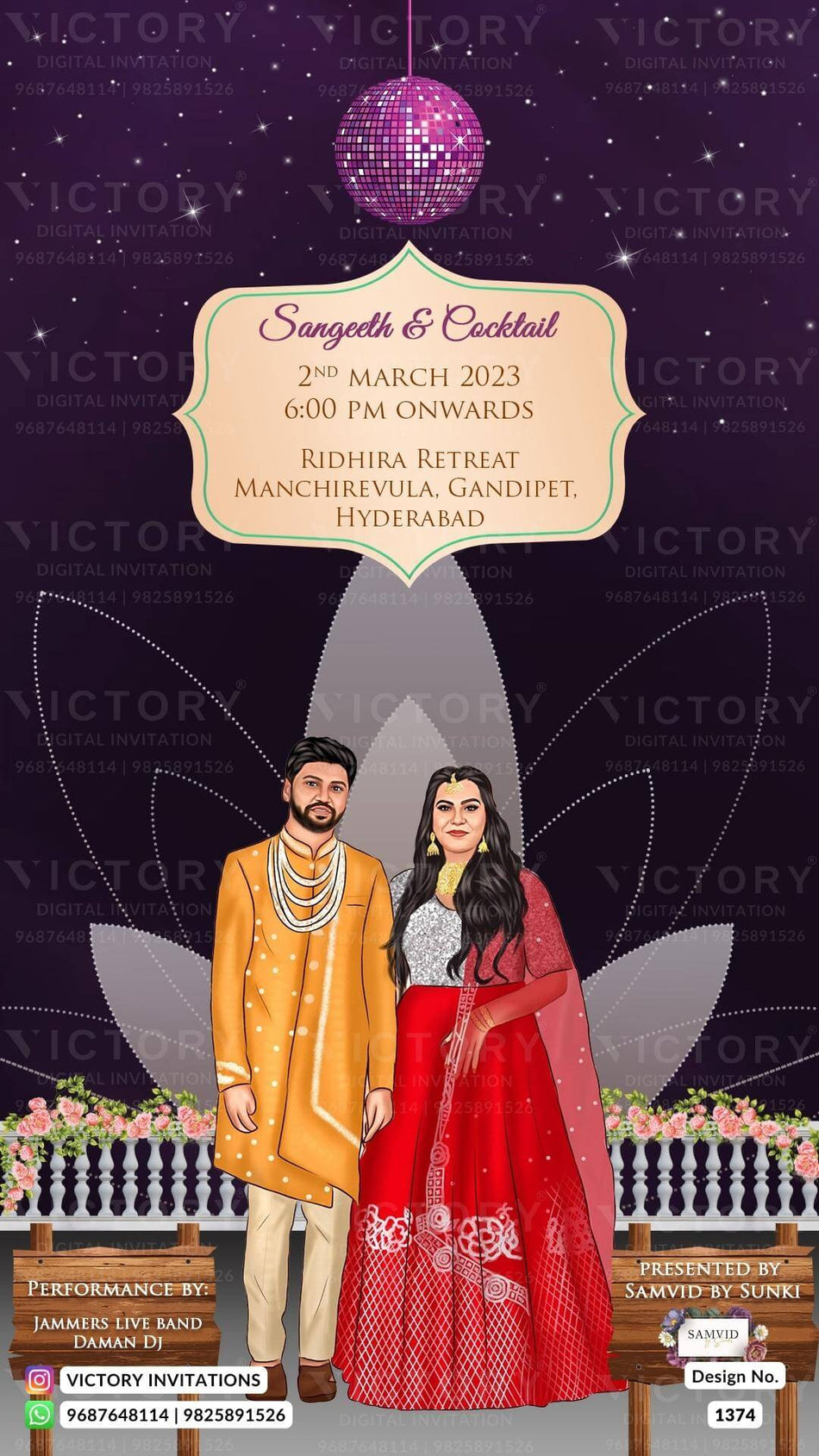 adorable couple caricature invitation card for Sangeet Sandhya in English language with wooden board as night view theme design 1374