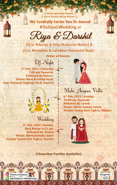 Wedding Timeline ceremony invitation card in english language with traditional theme design 1375