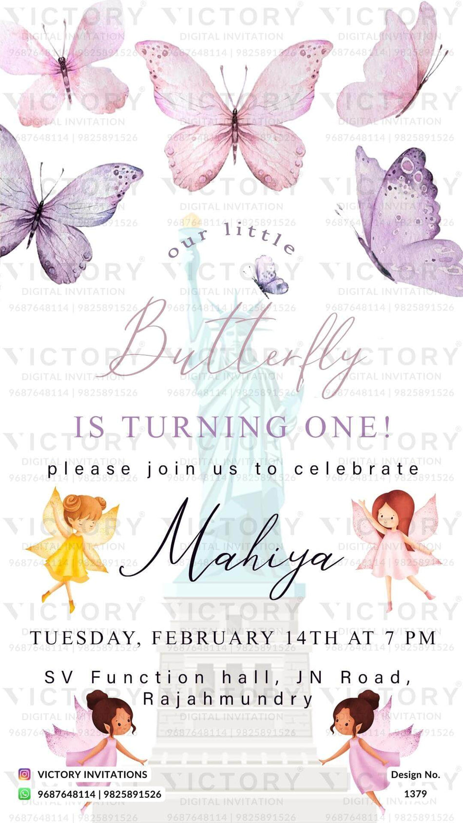 Birthday party invitation card for girl in english language with butterfly as fairy theme design 1379