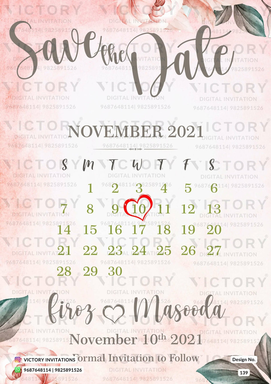 Save the Date card in english language with floral theme design 139
