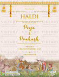 Haldi ceremony invitation card in english language with marigold garland as vintage theme design 1395