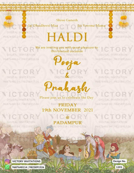 Haldi ceremony invitation card in english language with marigold garland as vintage theme design 1395