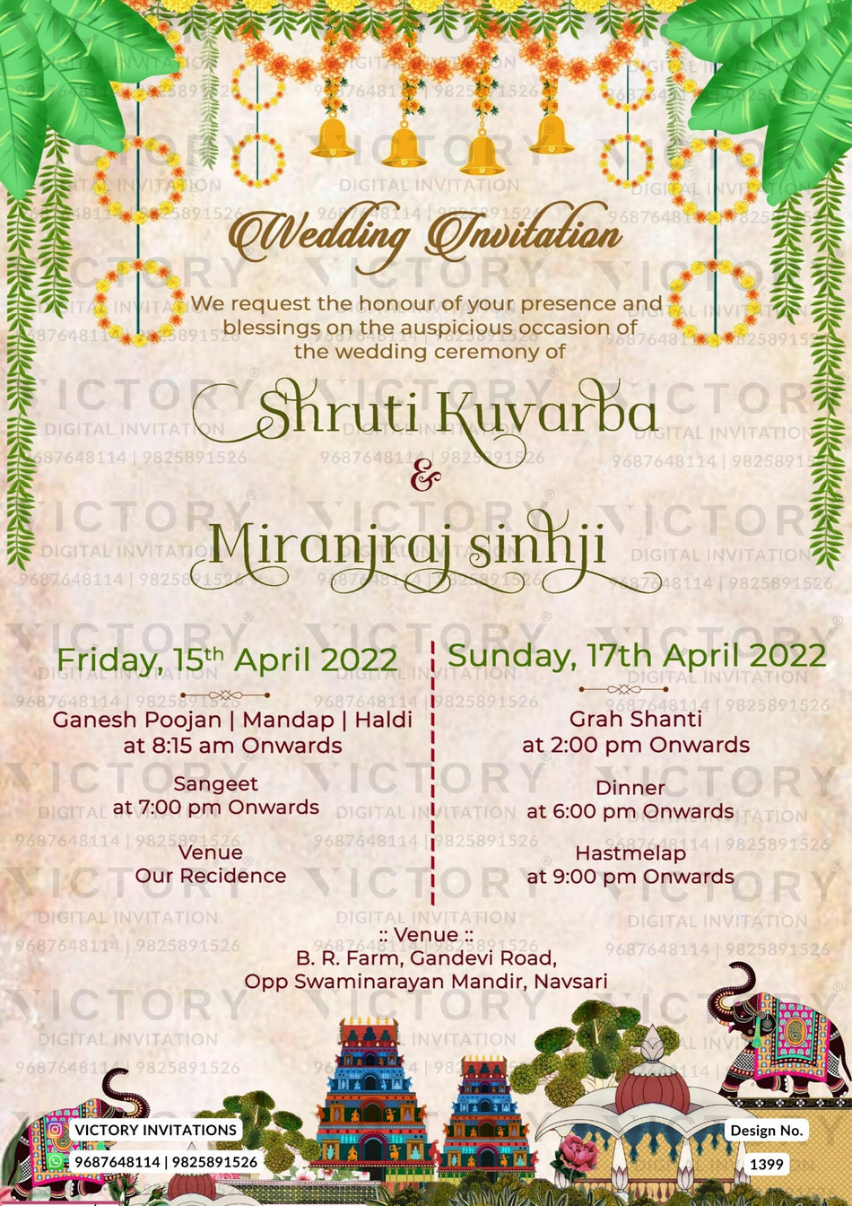Wedding ceremony invitation card of hindu gujarati patel family in english language with Traditional theme design 1399
