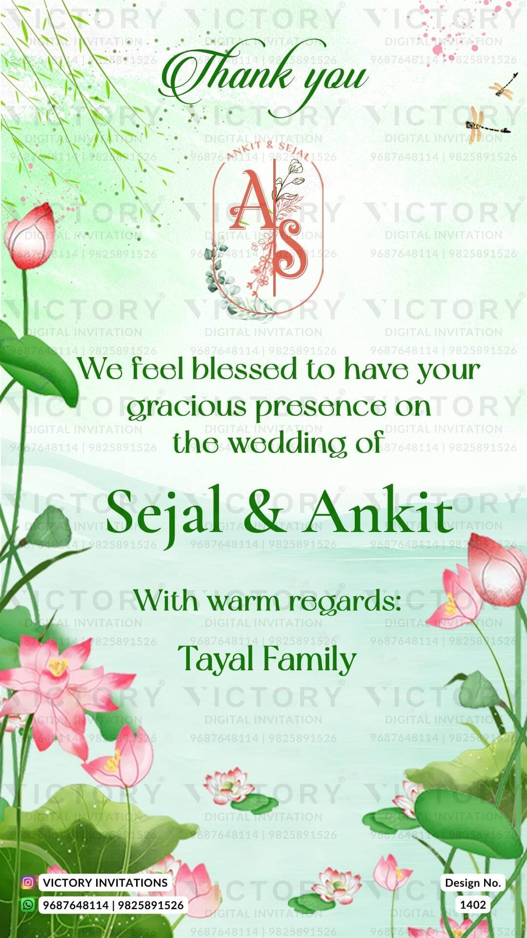 Wedding Thank You card in english language with leaves, flowers as lotus theme design 1402