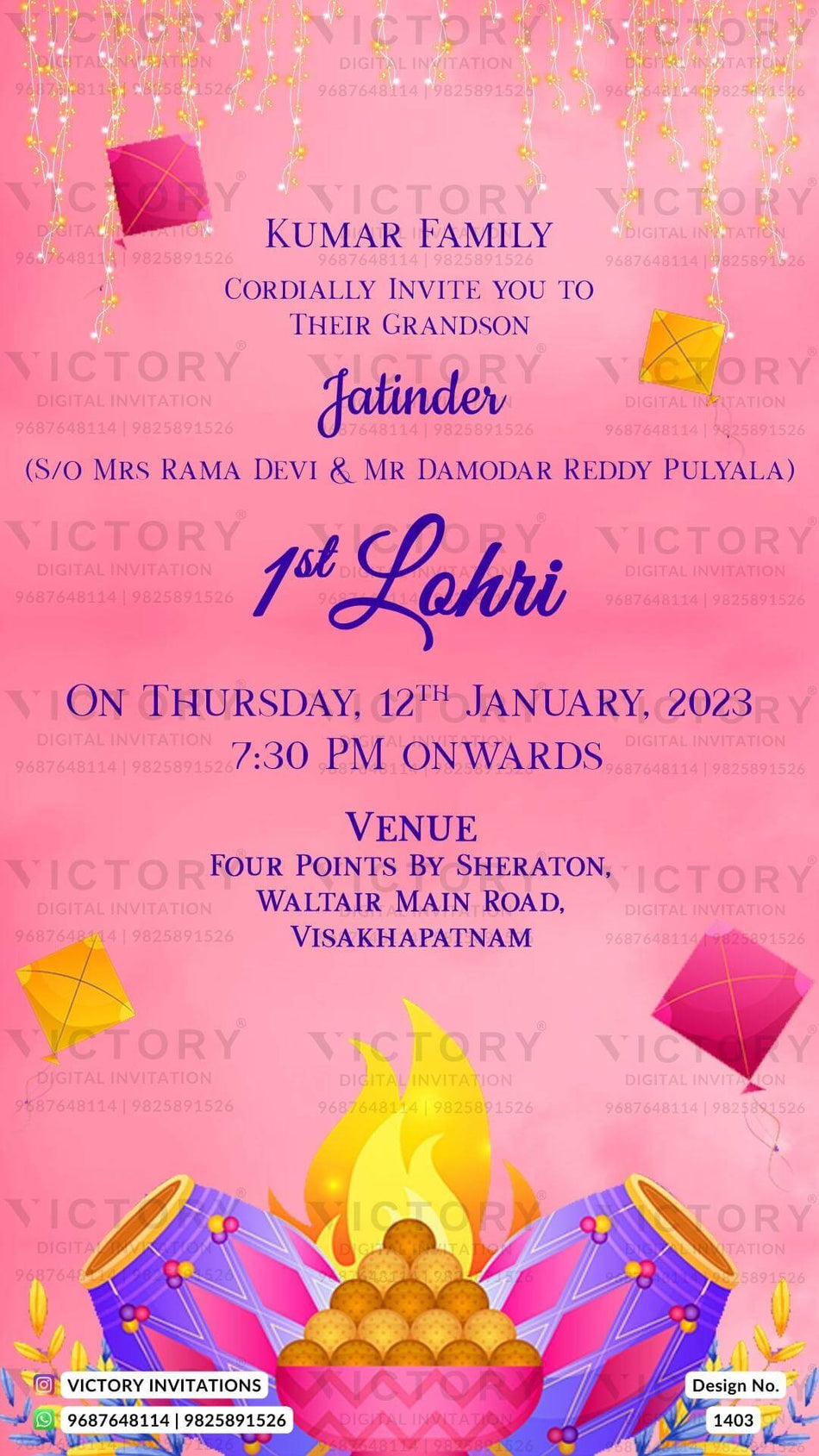 Lohri invitation card in english language with lights, kites, bonfire, dholki, leaves, sweets as minimalistic theme design 1403