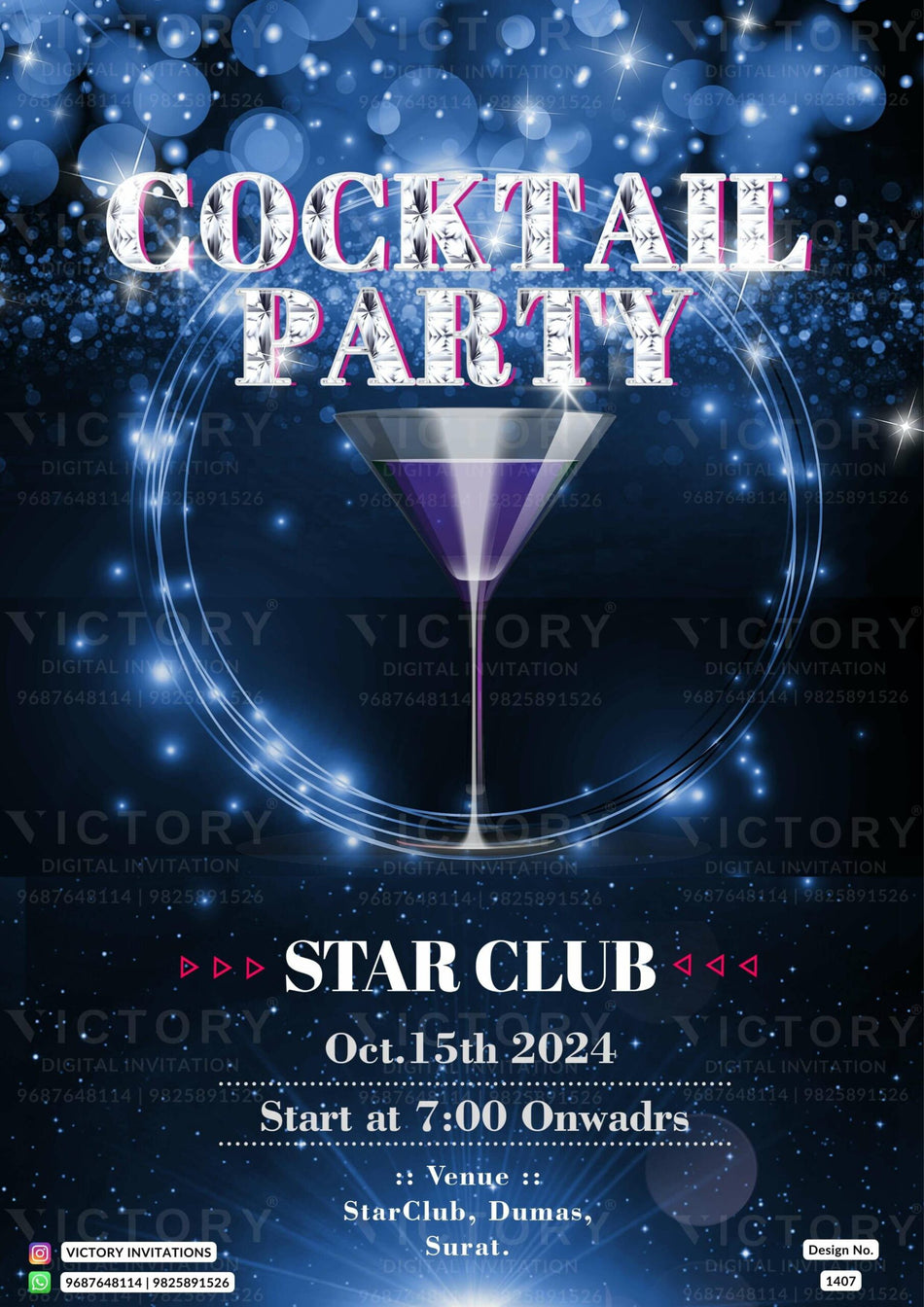 Cocktail Party invitation card in english language with glitter theme design 1407