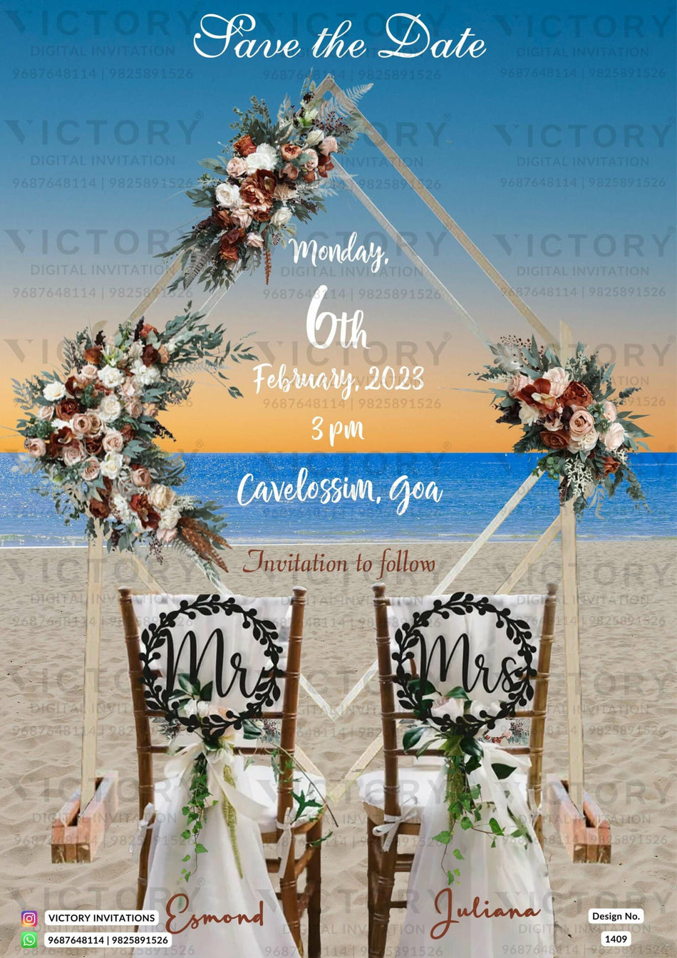 Save the Date card in english language with beach theme design 1409