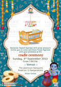 Cradle ceremony invitation card for Baby boy in english language with karishna doodle, cradle as traditional theme design 1410