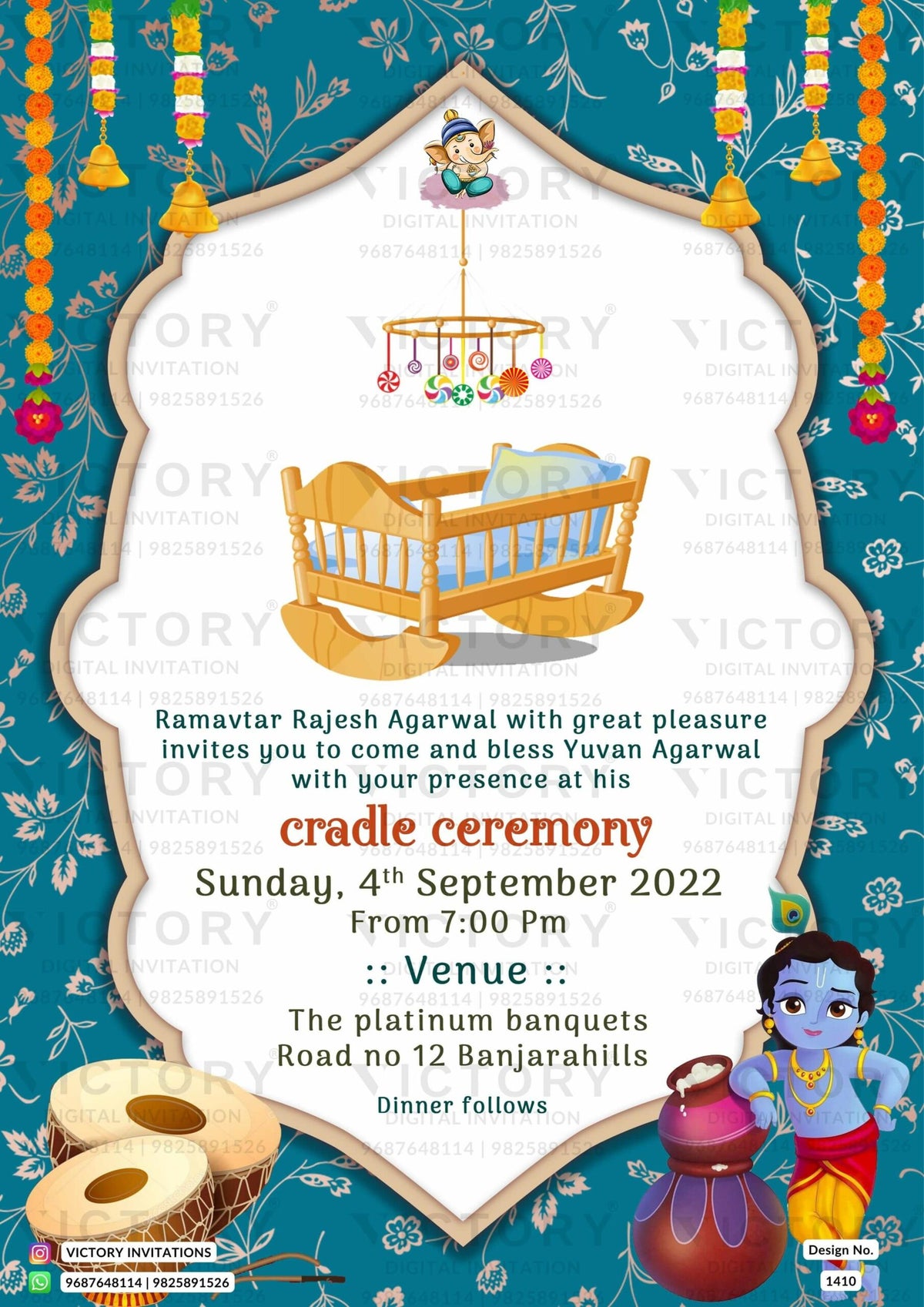 Cradle ceremony invitation card for Baby boy in english language with karishna doodle, cradle as traditional theme design 1410