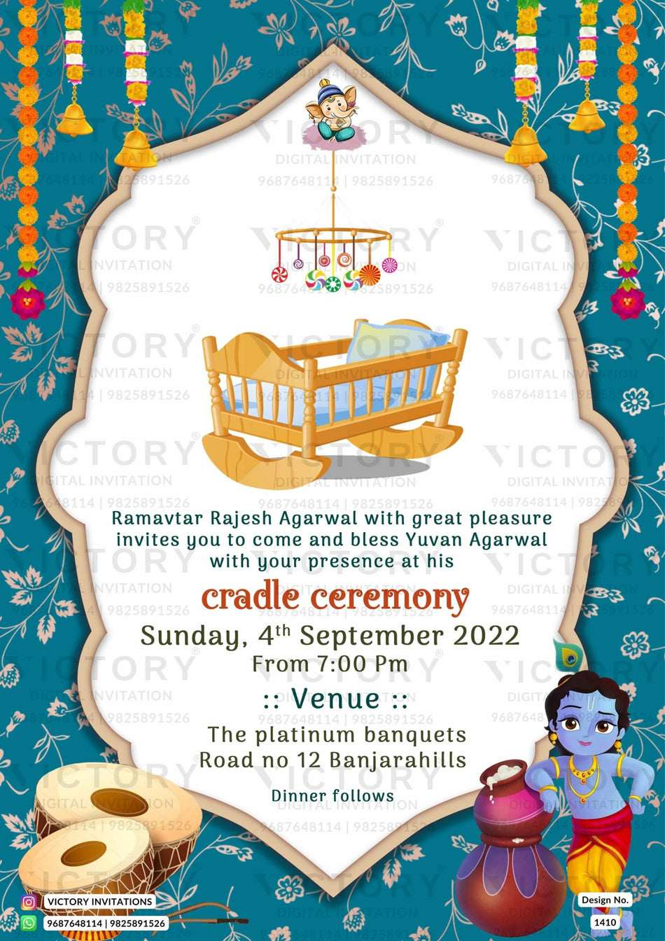Cradle ceremony invitation card for Baby boy in english language with karishna doodle, cradle as traditional theme design 1410