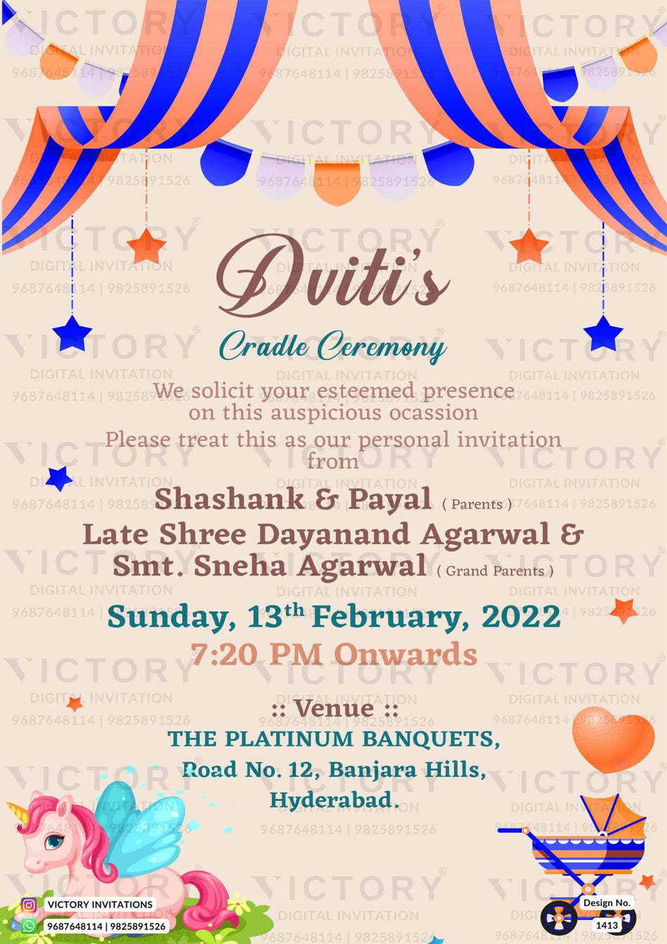 Cradle ceremony invitation card for Baby girl in english language with curtains, cradle as unicorn theme design 1413