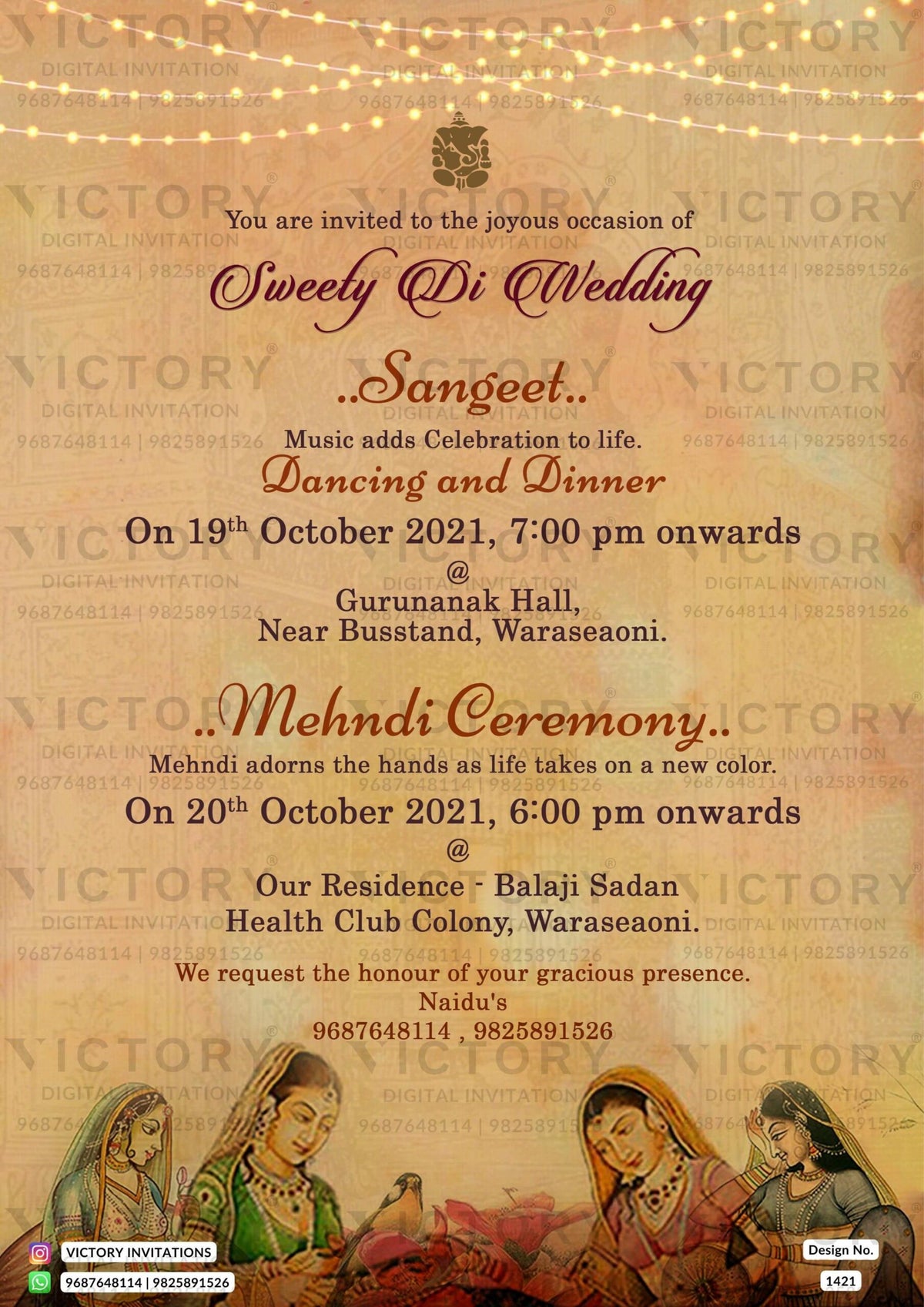 Wedding ceremony invitation card of hindu north indian family in english language with traditional theme design 1421