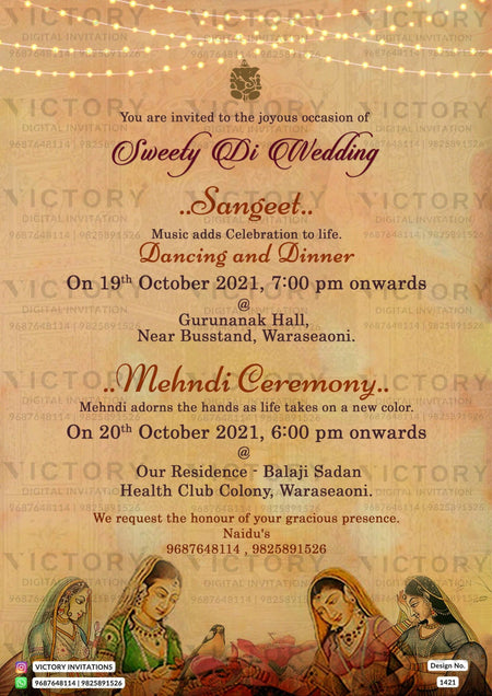 Wedding ceremony invitation card of hindu north indian family in english language with traditional theme design 1421