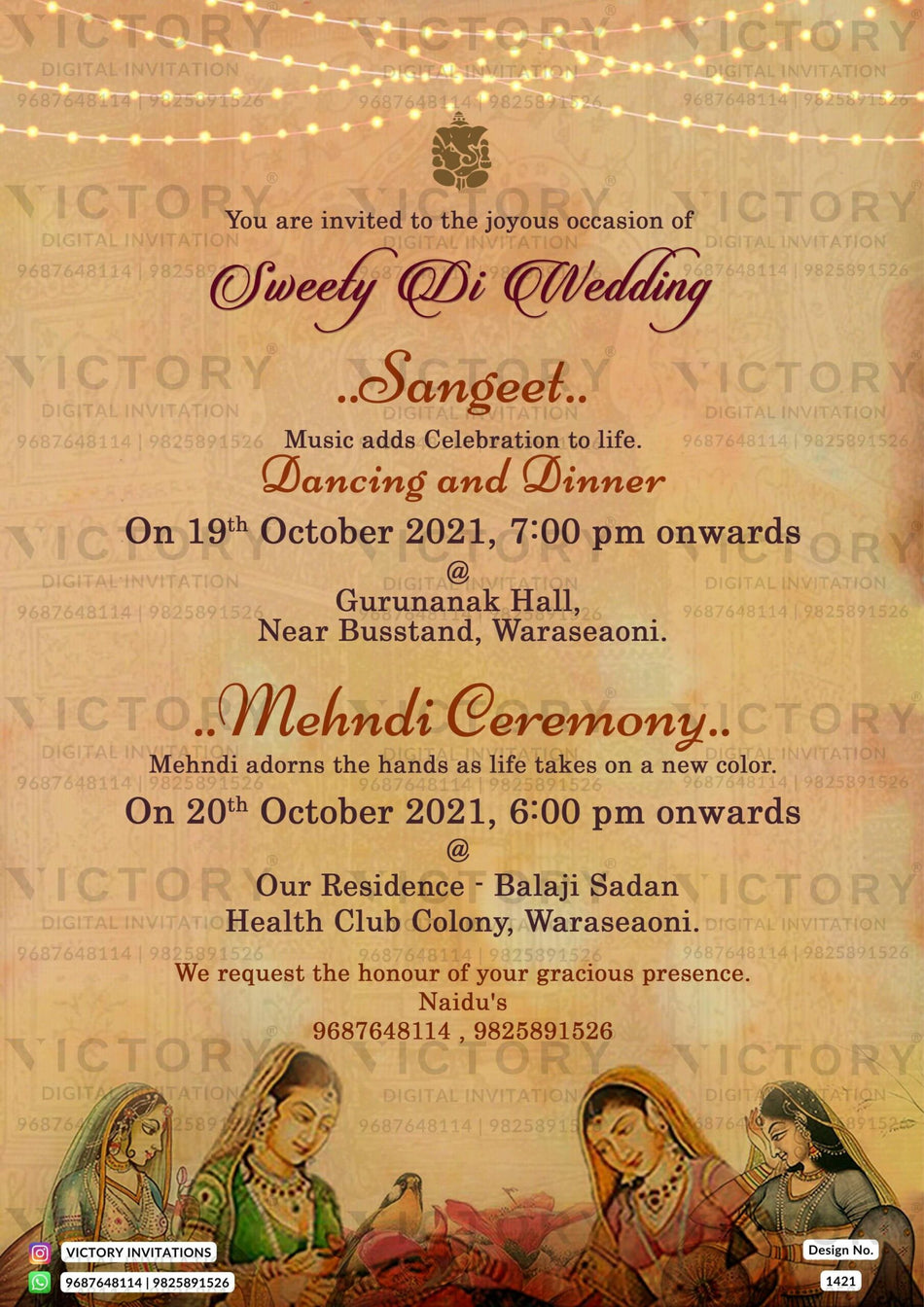 Wedding ceremony invitation card of hindu north indian family in english language with traditional theme design 1421