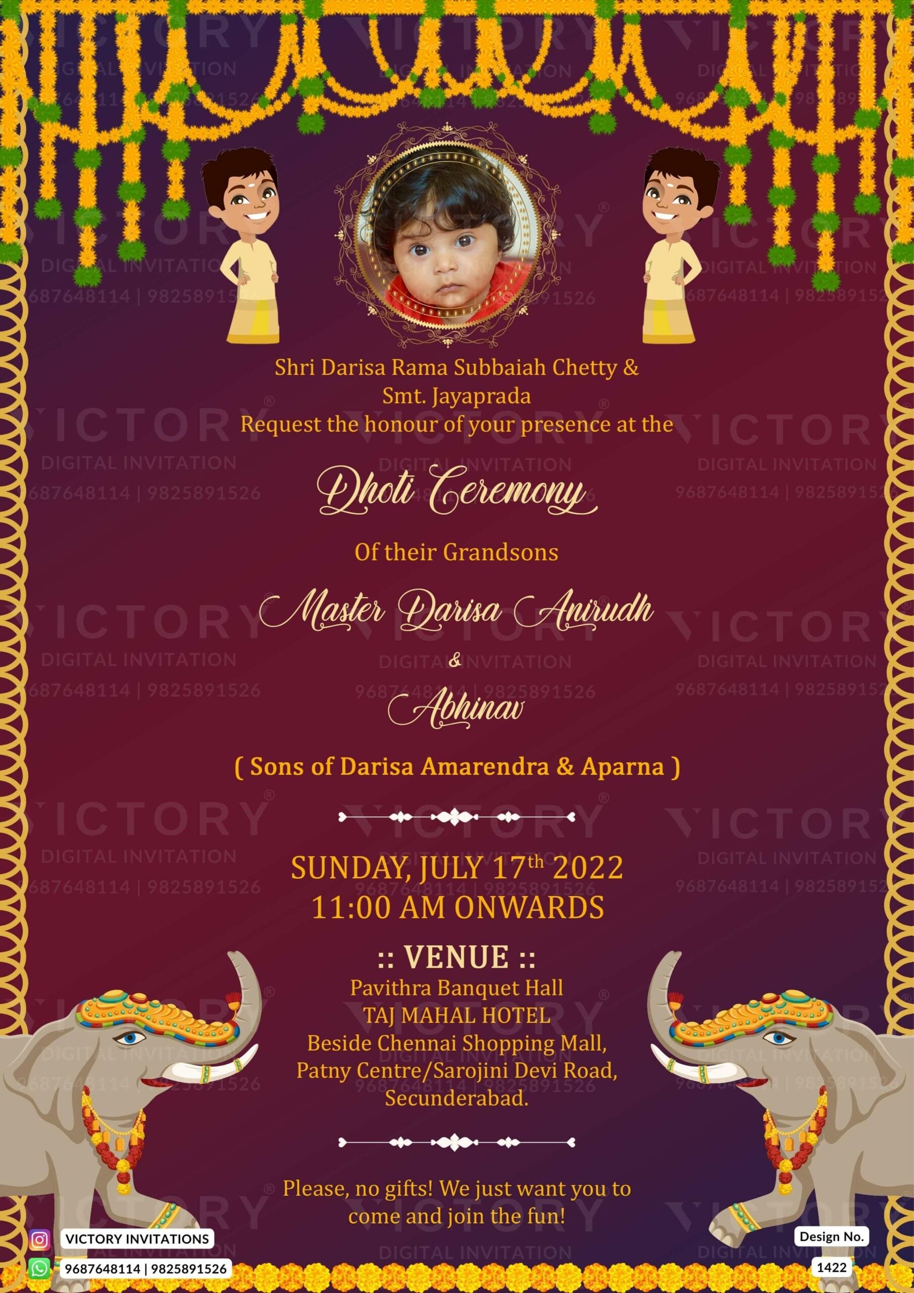 Dhoti ceremony invitation card in english language with elephant, baby photo as traditional theme design 1422