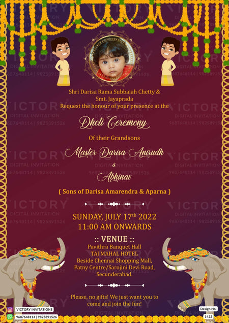 Dhoti ceremony invitation card in english language with elephant, baby photo as traditional theme design 1422