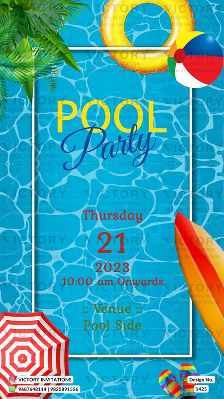 Pool Party invitation card in english language with boho leaves, swimming tube as elegant theme design 1425
