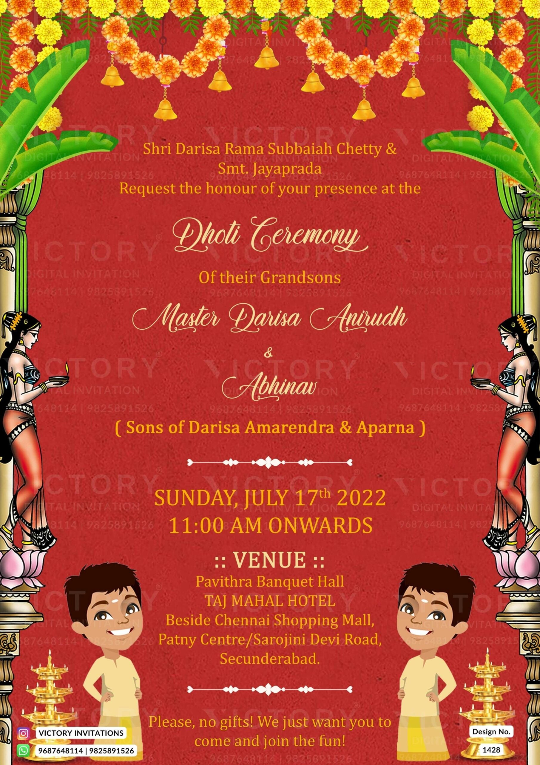 Dhoti ceremony invitation card in english language with diya as traditional theme design 1428