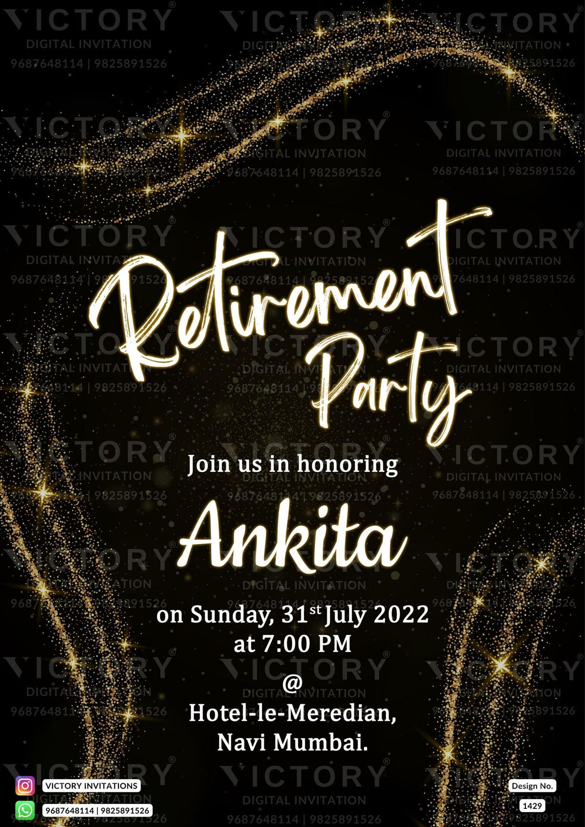 Retirement Party invitation card in english language with glittery theme design 1429