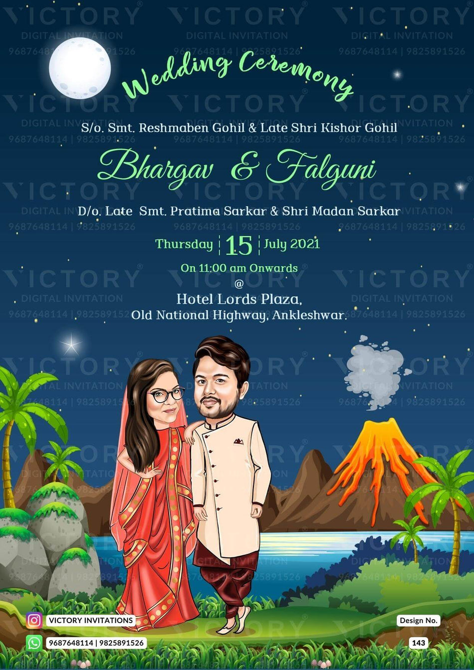 charming couple caricature invitation card for wedding ceremony of hindu gujarati kathiyawadi family in english language with mountain theme design 143