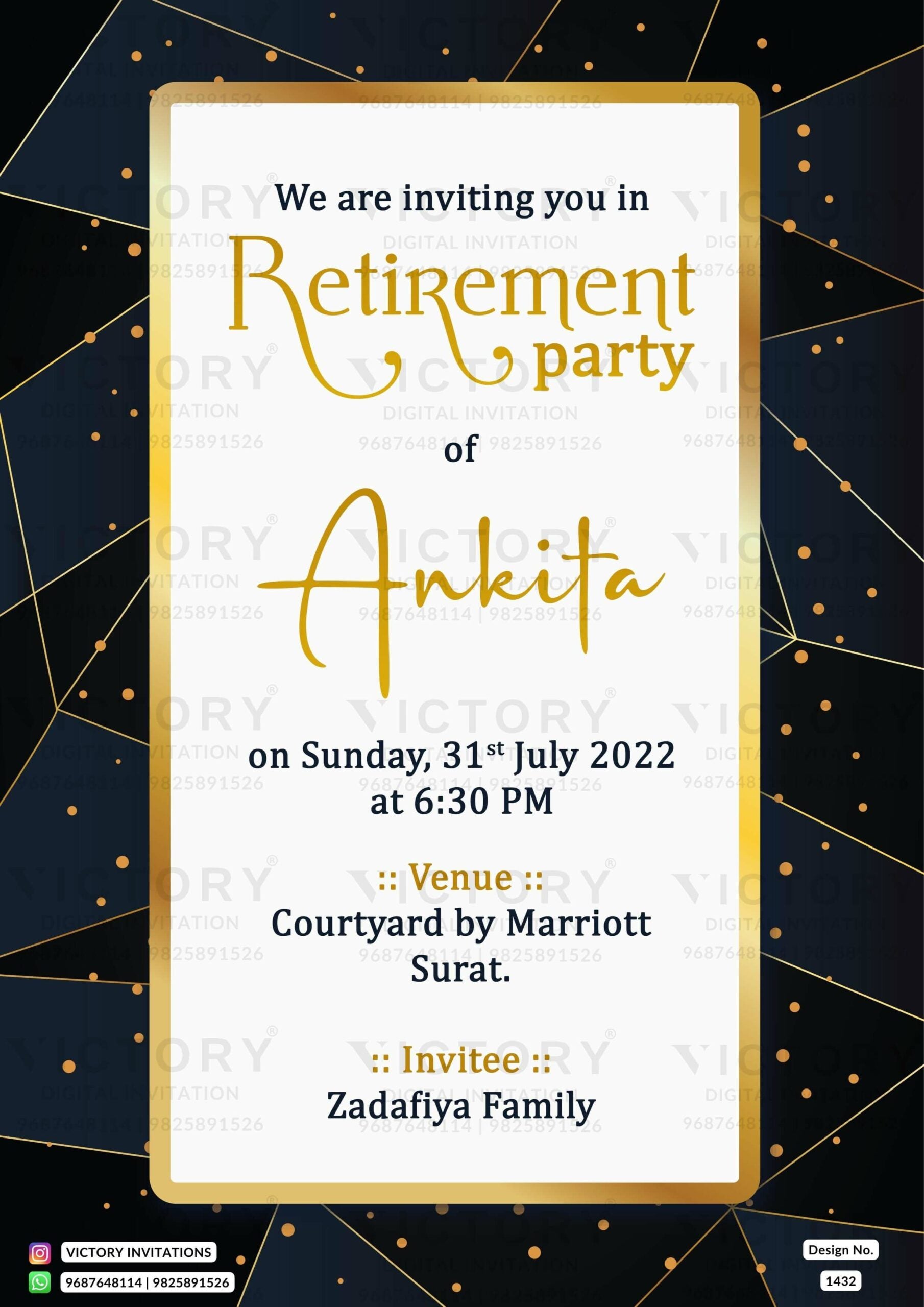 Retirement Party invitation card in english language with frame as glittery theme design 1432