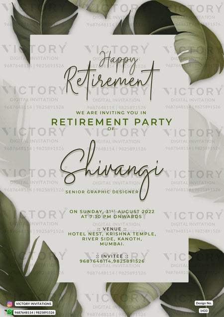 Retirement Party invitation card in english language with artistic leaves theme design 1433